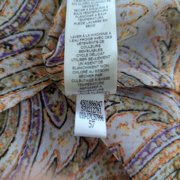 Chico's Paisley long tab sleeve asymmetrical orange‎ green cream tunic sz 1 sz 8 - Picture 15 of 16